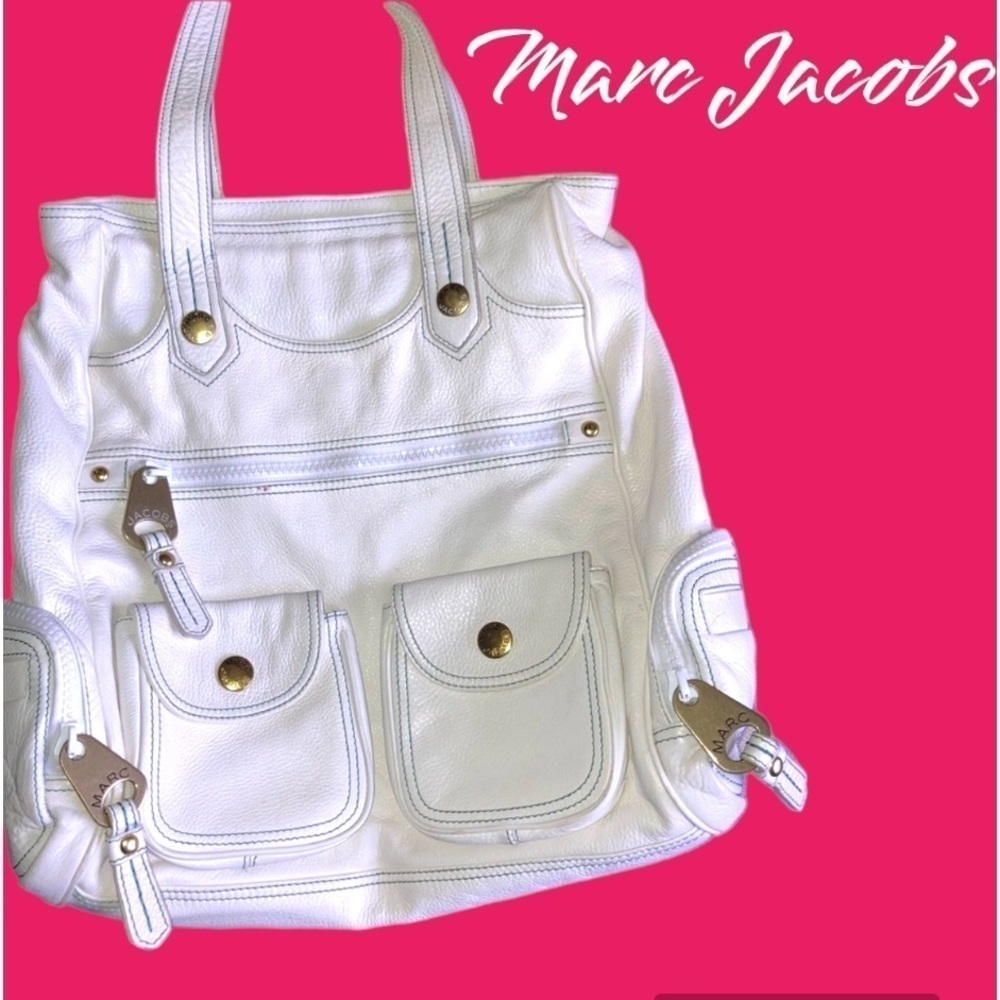 Marc Jacobs Large White Leather Tote Shoulder Bag Purse Zipper Pockets